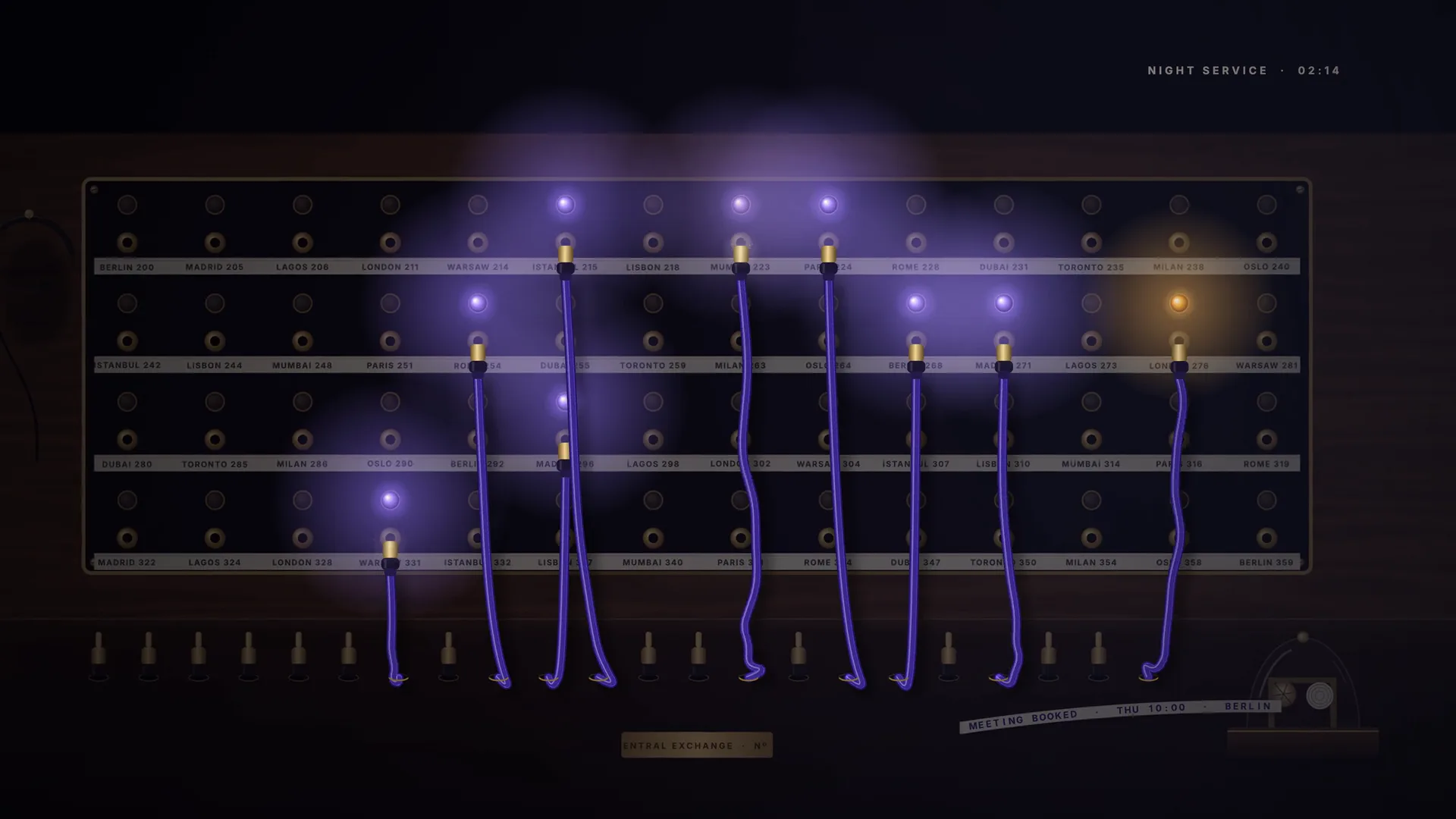 A wooden telephone switchboard at night, violet cables lit and patched in