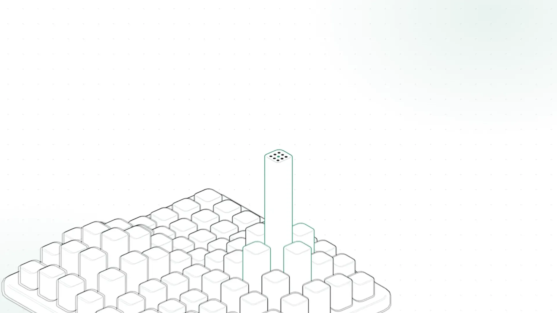 A pale isometric field of pillars with a single tall tower at its centre